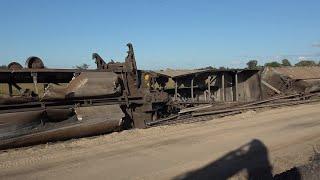 DERAILMENT WRECKAGE VIEWS WITH REPAIR PROGRESS! IOWA NORTHERN SCENIC RIVER DRONE VIEWS AND BOATS!