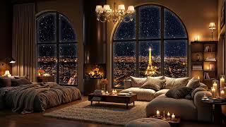 Cozy Apartment Ambience in Paris with Elegant Jazz Saxophone  Snowfall & Fireplace Sounds for Relax