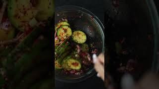 Making zucchini Kimchi.