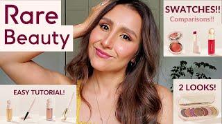 RARE BEAUTY makeup tutorial! DISCOVERY EYESHADOW PALETTE  BLUSH COMPARISONS + LIP BALMS SWATCHES!