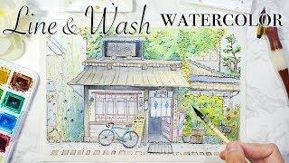 Line and Wash Watercolor House  - Urban Sketch Painting - Ink and Pen Drawing 鋼筆淡彩 日式场景水彩插画 Inktober