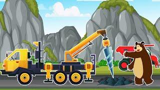 Rockfall -  Clearing Rocks Blocking Road Whith Excavator, Dump Truck  | Vehicles Farm Animated