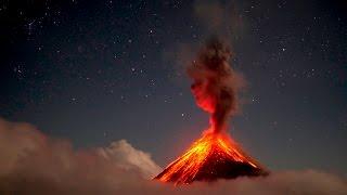 Volcan de Fuego erupting at night in 4K