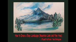 Easy Landscape illustration with pen and wash..Lake Mountain and pine-tree