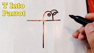 How to Draw a Flying Parrot From Letter T | How to Draw a Flying Parrot After Writing Letter T