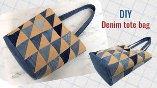 how to sew denim patchwork tote bag tutorial from scrap old jeans,diy tote bag ,tote bag tutorial