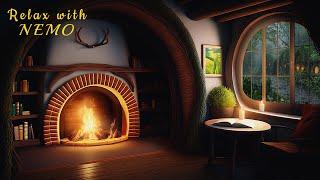 Cozy Hobbit Reading Nook Ambience  Relaxing Fireplace & Rainfall Sounds / Relaxation, Study, Sleep