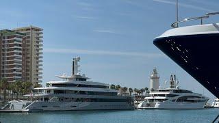 Mega Yachts in Malaga port 2024 Lady Moura , I Dynasty , Moonrise, Golden Odyssey etc 