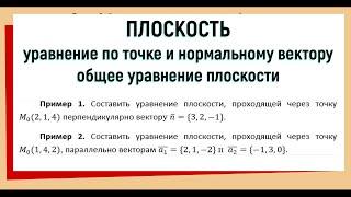 1. Уравнение плоскости проходящей через точку перпендикулярно вектору / общее уравнение / примеры