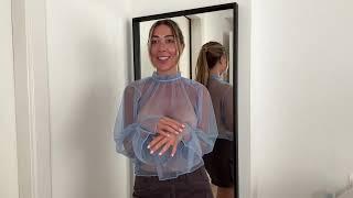 [4K] Transparent Shirt Blue & No Bra Try On Haul Review