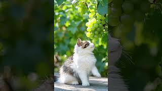 A cute little puppet cat, trying hard to eat the green grapes on the tree #cat #kitten