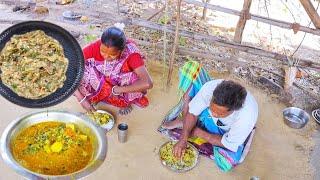 Brinjal vorta and egg palong curry cooking & eating by tribe old couple