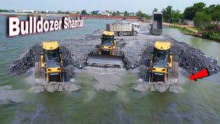 NEW ROAD CONSTRUCTION BUILDING, BEAUTIFUL BULLDOZER SHANTUI WORKING ON NEW ROAD, STON TRUCK WORKING