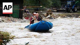 Floodwaters turn roads into rivers in town of Jesenik, Czech Republic