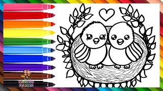 Dibuja y Colorea 2 Lindos Pájaros En Un Nido 🪹 Dibujos Para Niños