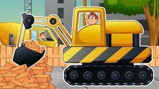 Monkey Farm Construction: Excavator, Cement Roller & Trucks in Action | Building Wall - Vehicles