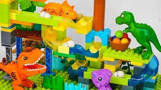 Satisfying Building Blocks Marble Run ASMR | A coaster made of blocks filled with dinosaurs