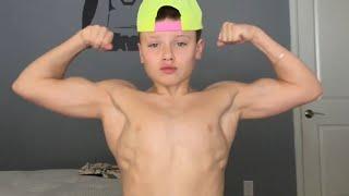 13 years old bodybuilder flexing muscles