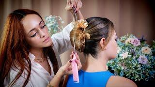 ASMR Elegant Updo with Gold Flower | Sleek Hair Brushing & Volume Styling for Ultimate Relaxation