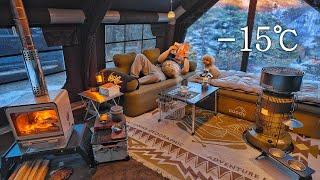 -15℃ Camping in Cold Winter with My Dog . Inflatable Hot Tent . Wood Stove ASMR