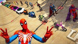 Spider-Man and Heroes Mega Ramp Challenge on Motorbikes, Cars, Trucks and Bicycles GTA 5 MODS