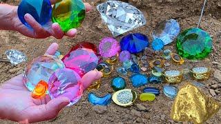 Moment of finding treasure full of diamond, gold and jewels  treasure hunting by digging