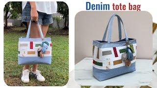 How to sew denim tote bag tutorial from jeans scrap , DIY tote bag , Denim project , Patchwork bag