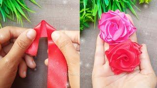 DIY Ribbon Rose Making - How to Make Easy Red Ribbon Rose - Ribbon Rose