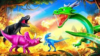 Giant Green Dragon vs Dinosaurs: Epic Attack in a Thrilling Prehistoric Battle