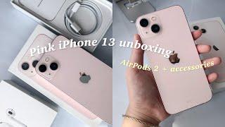 iPhone 13 (pink 256 gb) unboxing + AirPods 2 | ft. cute accessories 