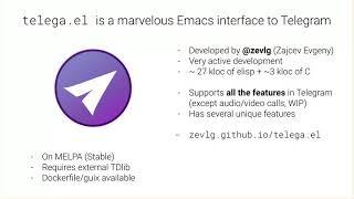 EmacsConf 2021: telega.el and the Emacs community on Telegram - Gabriele Bozzola