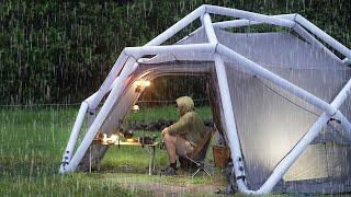 SOLO Relaxing in heavy RAIN [ Cosy Camping setup in an inflatable tent shelter, Rain ASMR ]