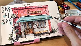 [Real-time]How I sketch a shopfront with ink and watercolor