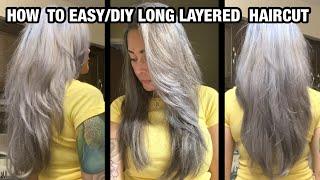 HOW I CUT MY OWN HAIR | LAYERED HAIRCUT  | HOME QUARANTINED 2020  | NATURAL GRAY HAIR LAYERED CUT