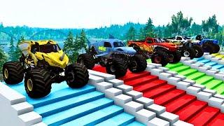 5 Big Monster Trucks VS Big Mega Ramps Jumps & Fails Part.1 - BeamNG Drive