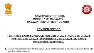 RRB JE, RPF-SI, ALP & TECHNICIAN Revised Exam Calendar