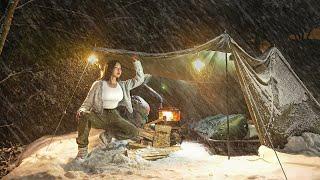 SNOWSTORM CAMPING WITH WOOD STOVE IN A HOT TENT️ CAMPING ASMR .