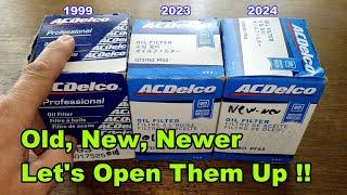 ACDelco PF63 Oil Filter Cut Open, Old, New, and Newer Oil Filter Comparison