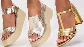 2023 PRETTIEST COLLECTION OF LADIES GOLDEN SANDALS NEW DESIGNS LATEST NEW GOLDEN FOOTWEAR FOR WOMEN