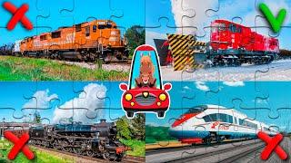 Puzzle game trains for kids. Learning railway transport. Cartoon about trains for children