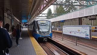 An approaching SkyTrain at the Edmonds Station. Burnaby, British Columbia.