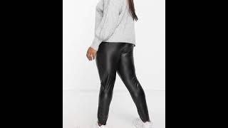 YOURS Shiny Faux Leather Seam Front Trousers Pants Leggings Wetlook Black Women | Asos