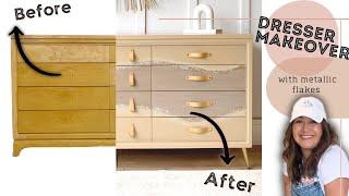 Extreme Modern/Boho Dresser Makeover With Metal Flakes Application | Furniture Flip