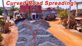 Curved Road Spreading By Strong Bulldozer D61P & Heavy Trucks Unloading Gravel To Build Strong Road