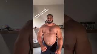 Thick and beefy shirtless muscle bear dancing for our entertainment