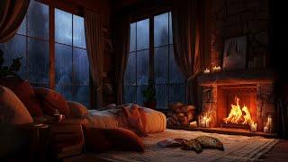 Nighttime Thunderstorm Haven - Fireside Comfort with Rain, Fireplace and Sleeping Cat