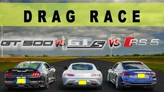 Ford Mustang GT500 vs Mercedes AMG GTS vs Audi RS5, playing catch up. Drag and Roll Race.