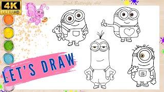 Larry, Stuart, Bob and Kevin the Minions Drawing and Coloring Animations for Kids #pinkbutterflyart