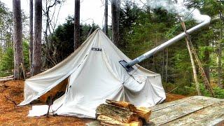 Fall Camping Hot Tent with Wood Burning Stove | Campfire Cooking & Fall Colors | ASMR