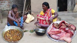 PIG MEAT Curry Cooking by our Poor grandma and grandpa | rural widow grandma cooking Pig meat recipe